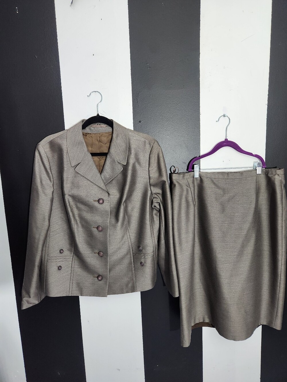 Vintage Metallic Taupe Women's Blazer and Skirt Suit